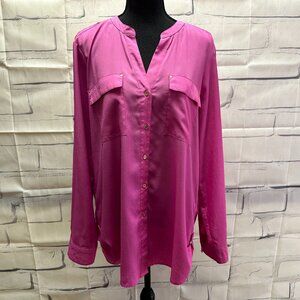 Calvin Klein Women's Button Up Blouse Long Sleeve 2 Chest Pockets Pink Size XL